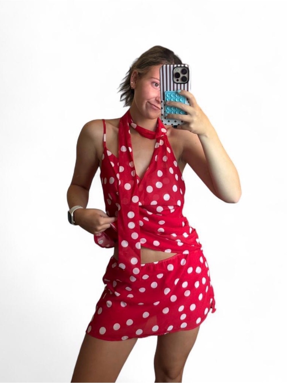 NWT Fashion Nova Med. 2piece Red Polka Dot Mini Skirt Set w/ Attached Neck Scarf